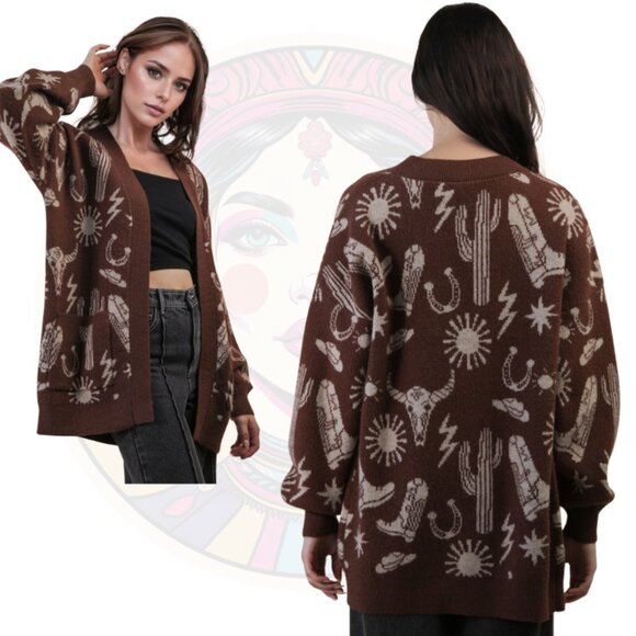 16C Western Graphic Knit Sweater Cardigan Chocolate Brown - Picture 2 of 2